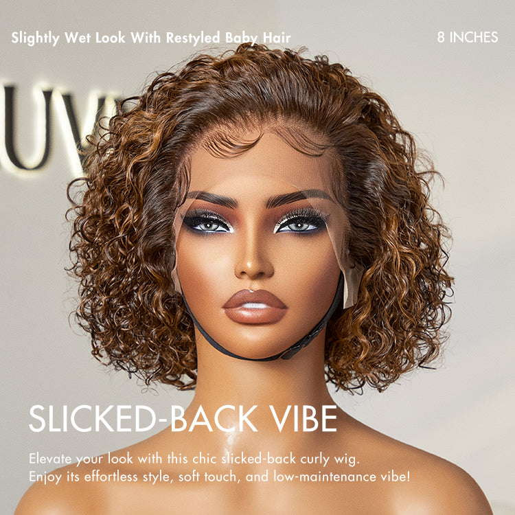 Curly Short Wig – Brown Highlights & Wide T Lace