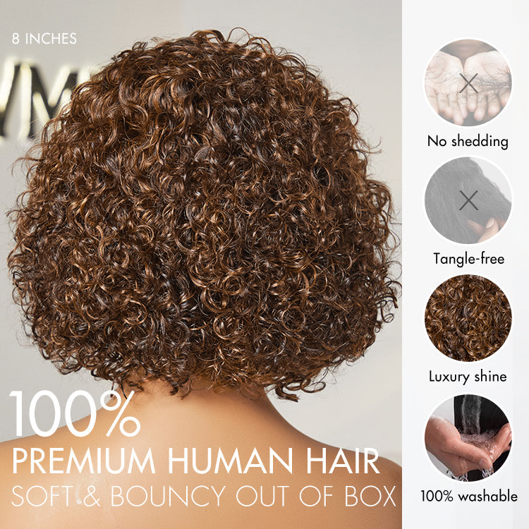 Curly Short Wig – Brown Highlights & Wide T Lace