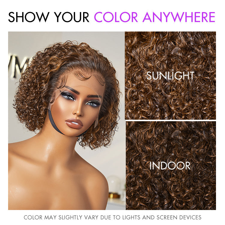Curly Short Wig – Brown Highlights & Wide T Lace