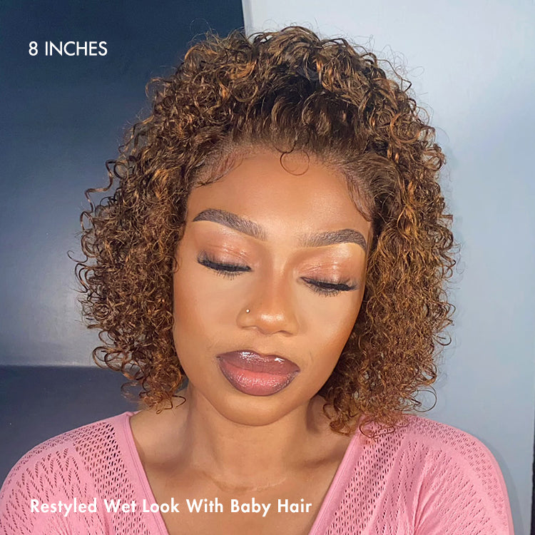 Curly Short Wig – Brown Highlights & Wide T Lace