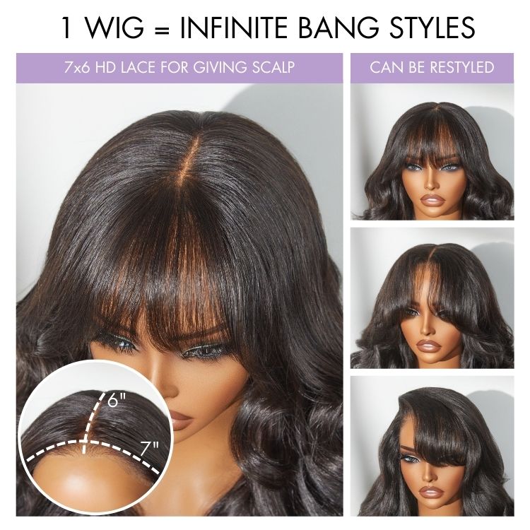 Luvme All-Day Comfort™ Wig 180% Density Loose Body Wave Glueless 7x6 Closure HD Lace Human Hair Wig with Bangs Pre-Cut Lace