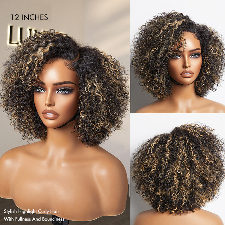 1 SEC INSTALL WIG | Honey Blonde Highlight / Natural Black Kinky Curly Glueless Minimalist HD Lace Classic Short Wig Pre-Cut Lace