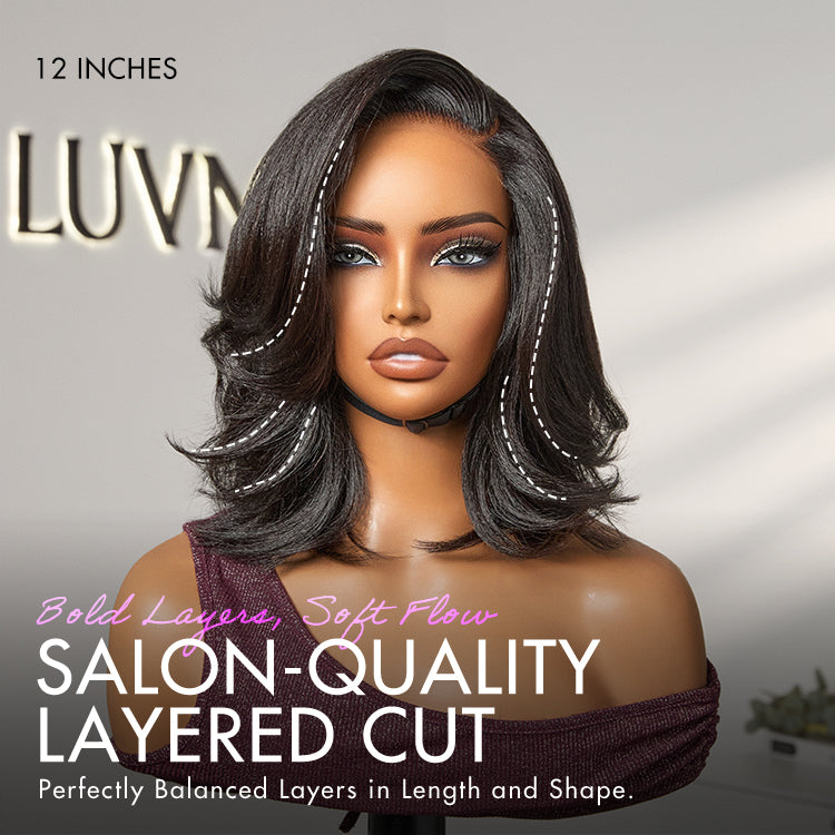 Natural Look Yaki Texture Layered Bangs Bob Wig Glueless Minimalist HD Lace Human Hair Wig Pre-Cut Lace