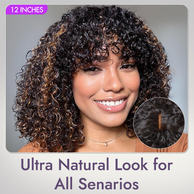 1 SEC INSTALL WIG | Brown Highlight Water Wave Natural Scalp Glueless Minimalist Lace Short Curly Wig with Bangs