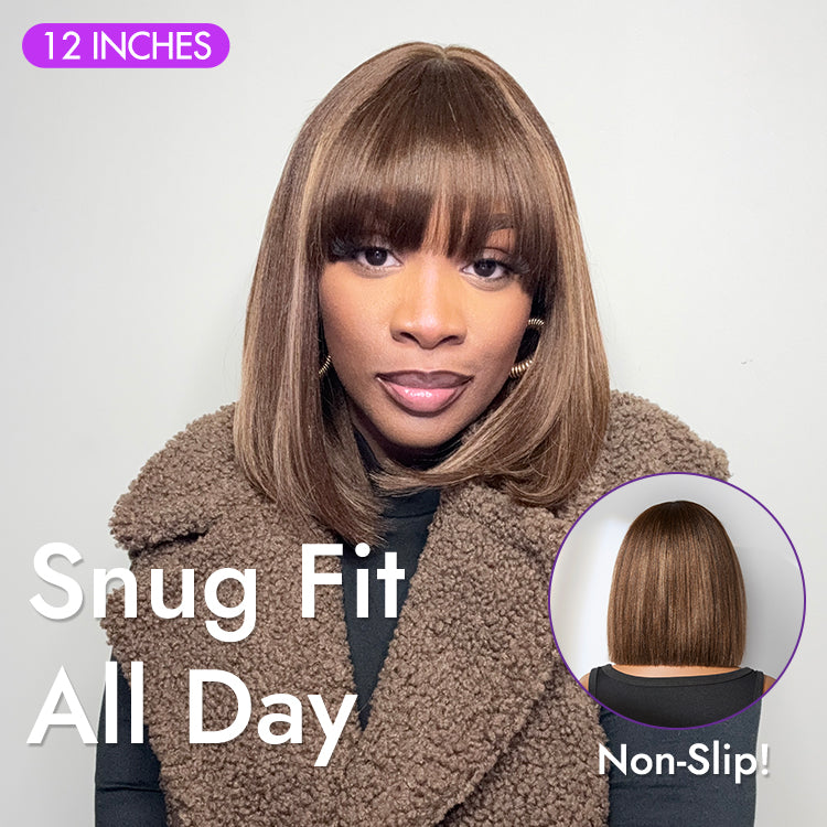 Ash Blonde Highlights Yaki Blunt Cut Bob Wig with Bangs Glueless Minimalist Lace Short Wig Breathable Cap
