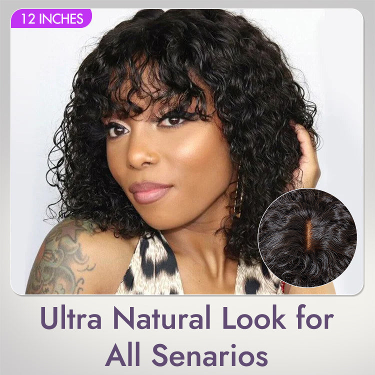 1 SEC INSTALL WIG | Brown Highlight Water Wave Natural Scalp Glueless Minimalist Lace Short Curly Wig with Bangs