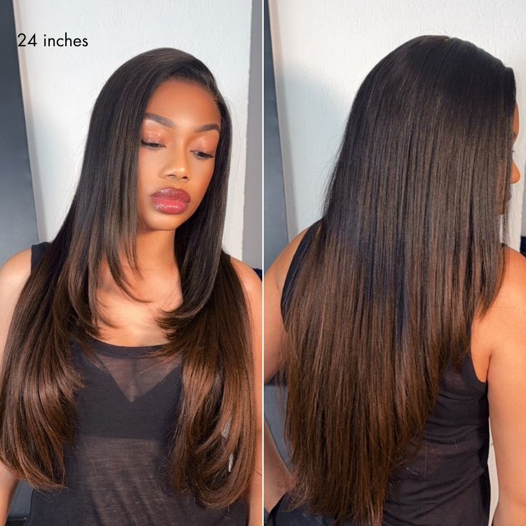 Luvme All-Day Comfort™ Wig 180% Density Ombre Brown Layered Light Yaki Straight Glueless 7x6 Closure HD Lace Human Hair Long Wig Pre-Cut Lace