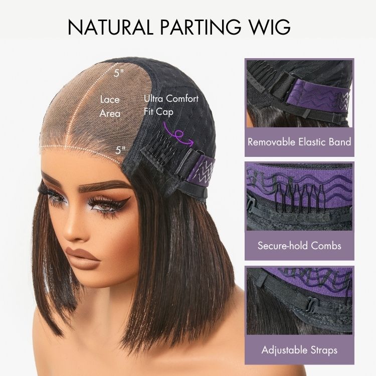 Brown Highlight Silky Short Bob Wig Layered Cut Human Hair Glueless 5x5 Closure Pre-Cut Lace Wig