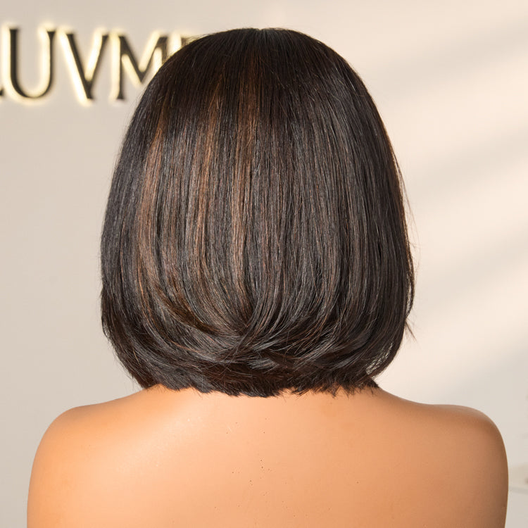 Brown Highlight Silky Short Bob Wig Layered Cut Human Hair Glueless 5x5 Closure Pre-Cut Lace Wig