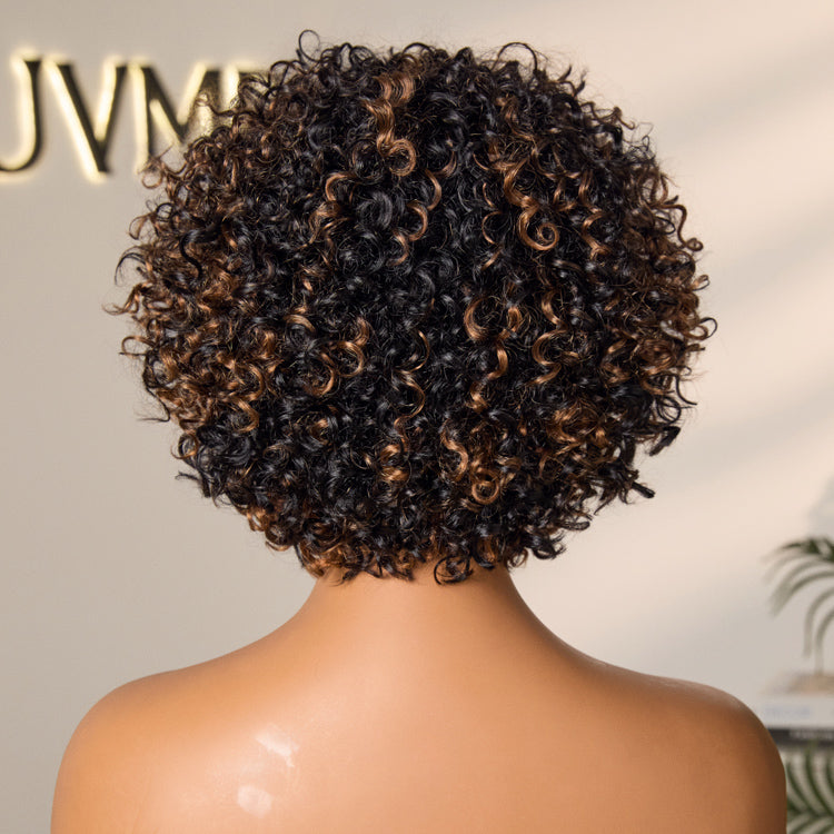 Short Curly Wig – Brown Highlights & Bangs