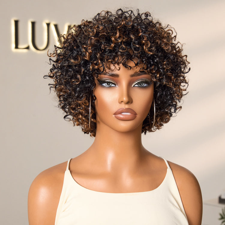 Short Curly Wig – Brown Highlights & Bangs