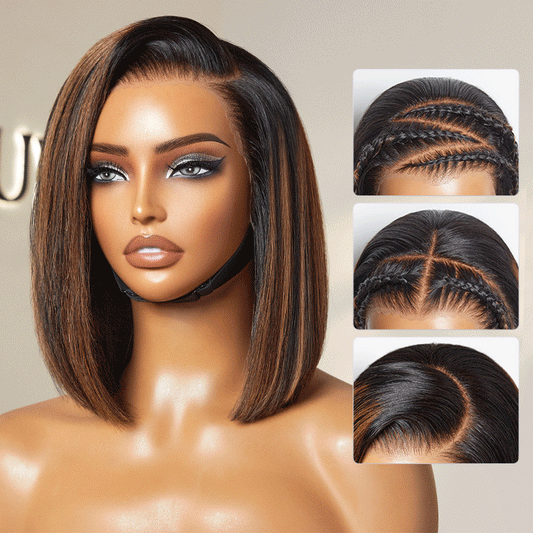 Blunt Cut Bob Wig – Brown Highlights & 13x4 Lace