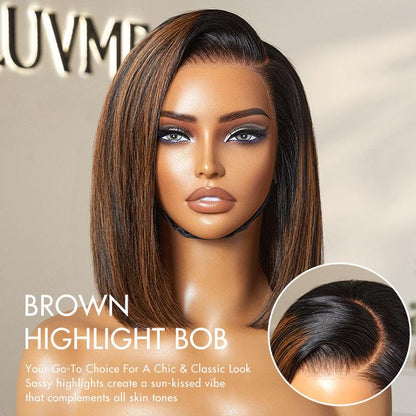 Blunt Cut Bob Wig – Brown Highlights & 13x4 Lace