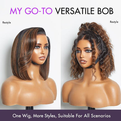 Blunt Cut Bob Wig – Brown Highlights & 13x4 Lace