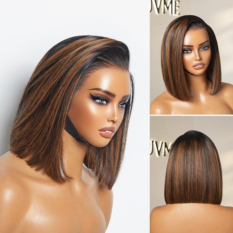 Blunt Cut Bob Wig – Brown Highlights & 13x4 Lace