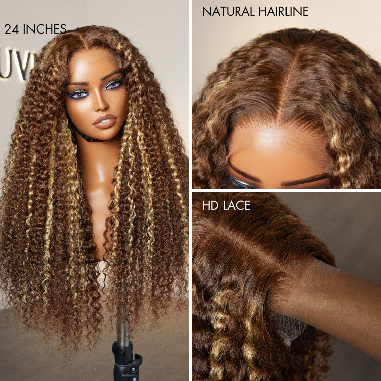 Luvme Hair 180% Density Honey Blonde Highlight Kinky Curly Glueless 5x5 Closure HD Lace Wig Breathable Cap