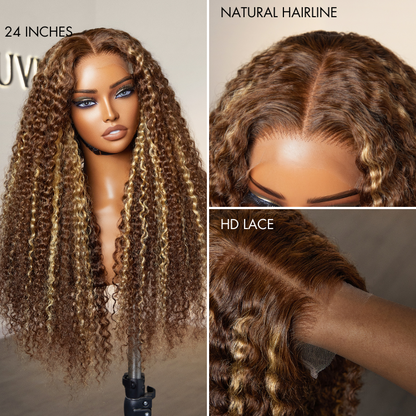 Luvme Hair 180% Density Honey Blonde Highlight Kinky Curly Glueless 5x5 Closure HD Lace Wig Breathable Cap