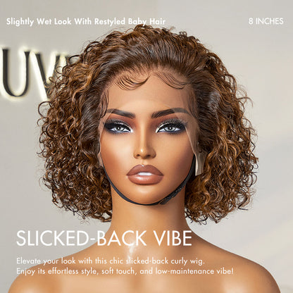 Curly Short Wig – Brown Highlights & Wide T Lace