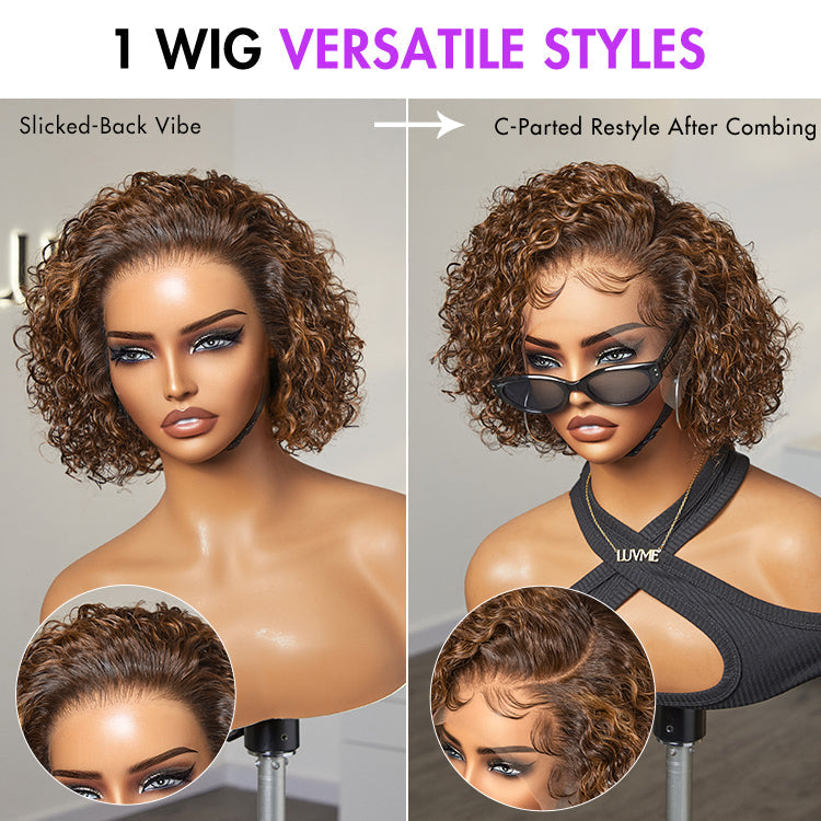 Curly Short Wig – Brown Highlights & Wide T Lace
