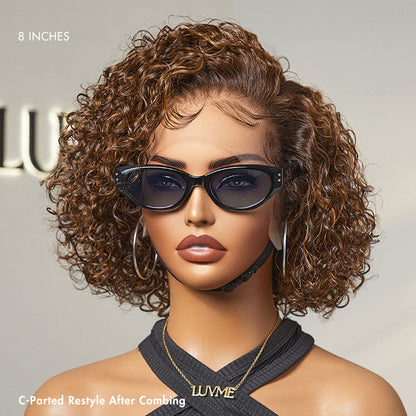 Curly Short Wig – Brown Highlights & Wide T Lace
