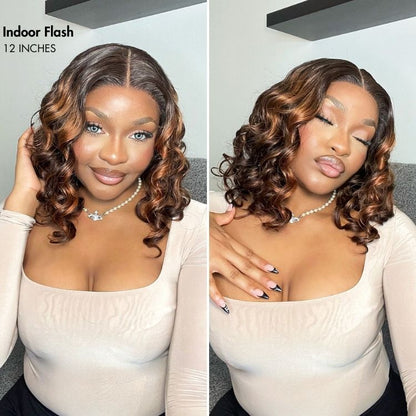 Luvme Hair 180% Density Elegant Brown Ombre Loose Wave Minimalist HD Lace Glueless Short Wig 100% Human Hair Pre-Cut Lace
