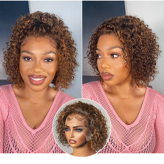 Curly Short Wig – Brown Highlights & Wide T Lace