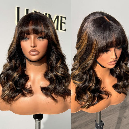 True Scalp Blonde Highlight Loose Wave Glueless Minimalist Lace Wig with Bangs