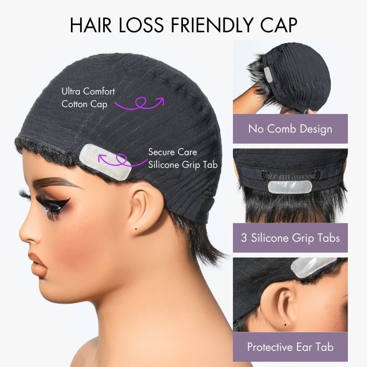 Throw On & Go Short Cut with Bangs Wig Ultra Comfort Cotton Cap Glueless Wig Hair Loss Friendly