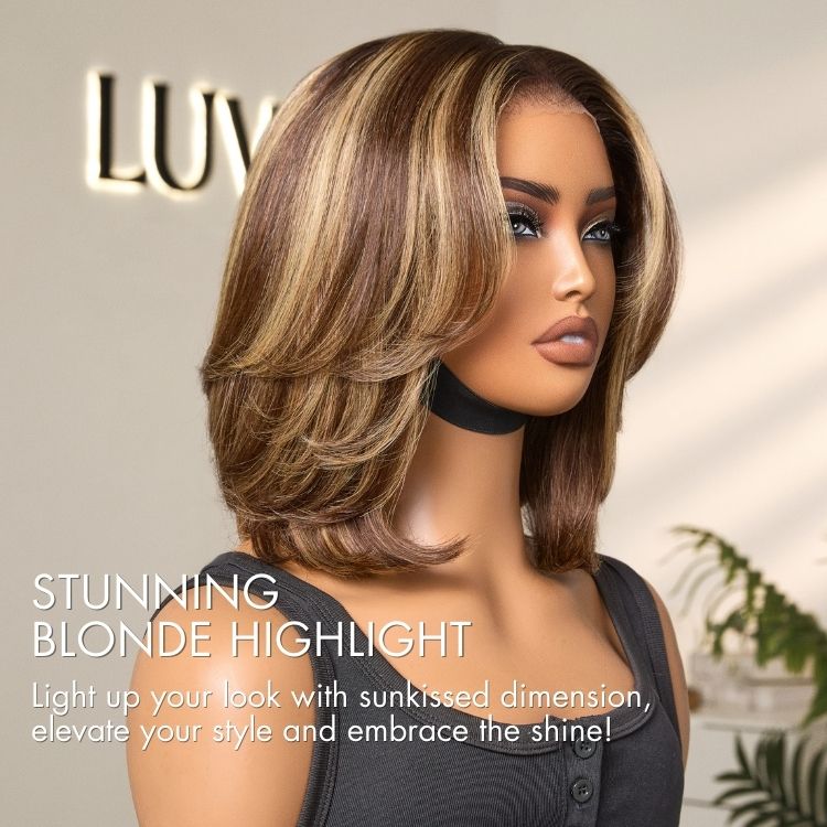 Blonde Highlight / Brown Highlight Short Layered Bob Wig Glueless 5x5 Closure Pre-Cut Lace Wig