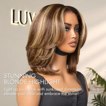 Blonde Highlight / Brown Highlight Short Layered Bob Wig Glueless 5x5 Closure Pre-Cut Lace Wig