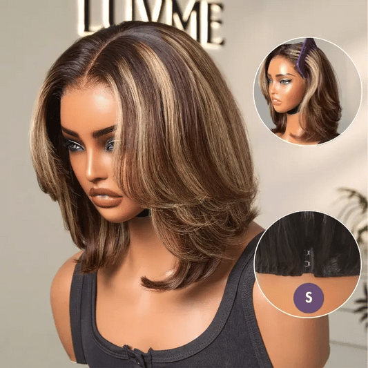Blonde Highlight / Brown Highlight Short Layered Bob Wig Glueless 5x5 Closure Pre-Cut Lace Wig