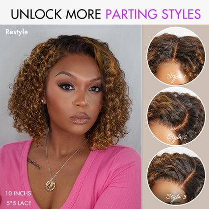 Brown Highlight / Natural Black / Blonde Highlight Deep Curly Glueless 5x5 Closure Pre-Cut Lace Wig Breathable Cap