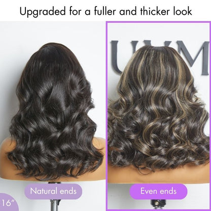 Curtain Bangs Blonde Highlight Loose Wave Glueless 5x5 Closure Pre-Cut Lace Wig All Head Sizes Fit Cap
