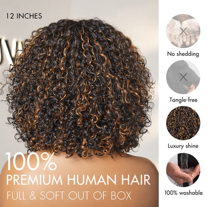 Beginner Friendly Water Wave Minimalist Lace Glueless Short Curly Wig with Bangs