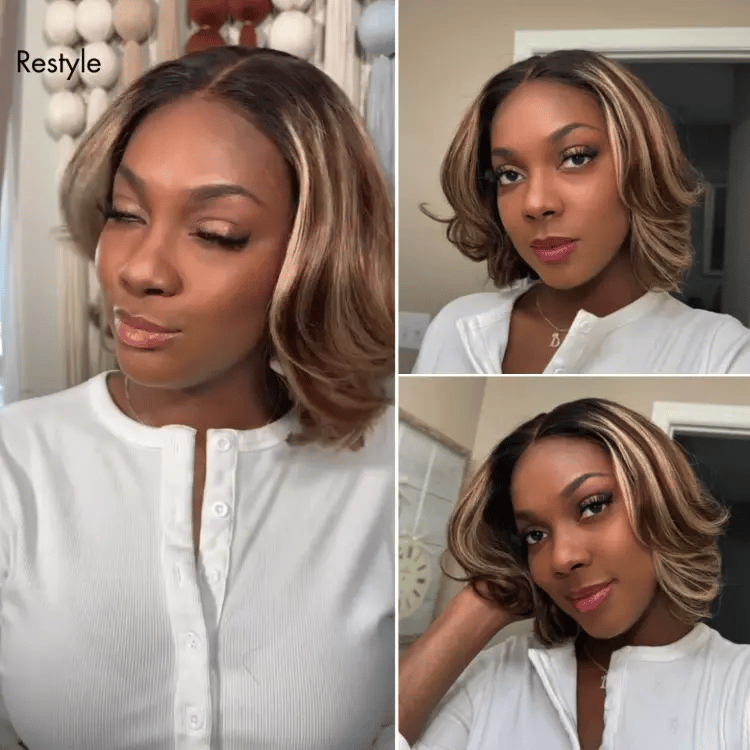 Blonde Highlight / Brown Highlight Short Layered Bob Wig Glueless 5x5 Closure Pre-Cut Lace Wig