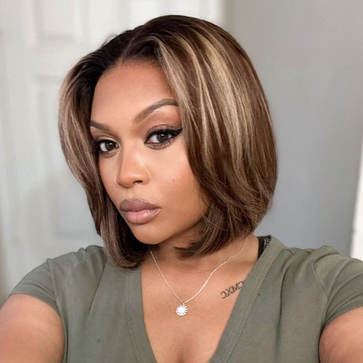 Blonde Highlight / Brown Highlight Short Layered Bob Wig Glueless 5x5 Closure Pre-Cut Lace Wig