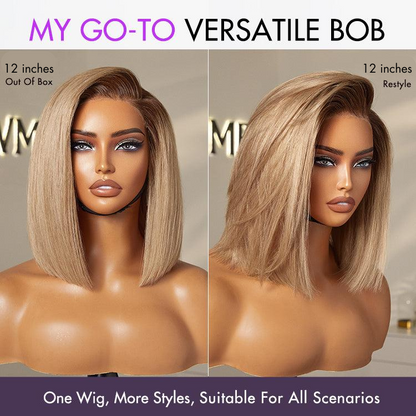 Ash Blonde Ombre Blunt Cut Bob Glueless Minimalist HD Lace Short Bob Wig Ready to Go Pre-Cut Lace