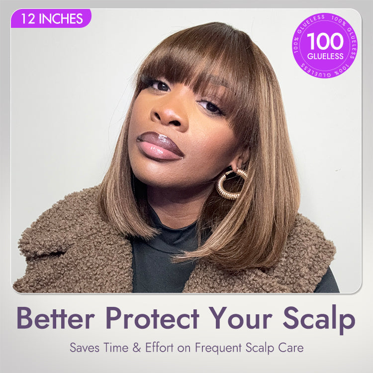 Ash Blonde Highlights Yaki Blunt Cut Bob Wig with Bangs Glueless Minimalist Lace Short Wig Breathable Cap