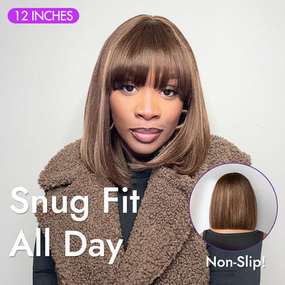 Ash Blonde Highlights Yaki Blunt Cut Bob Wig with Bangs Glueless Minimalist Lace Short Wig Breathable Cap