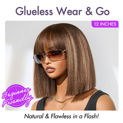 Ash Blonde Highlights Yaki Blunt Cut Bob Wig with Bangs Glueless Minimalist Lace Short Wig Breathable Cap