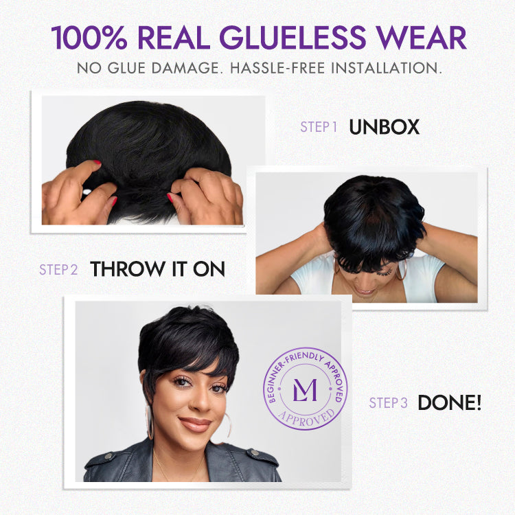 Throw On & Go Short Cut with Bangs Wig Ultra Comfort Cotton Cap Glueless Wig Hair Loss Friendly