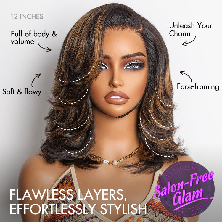Brown Highlight Layered Haircut Wavy Glueless Minimalist HD Lace Wig Pre-Cut Lace