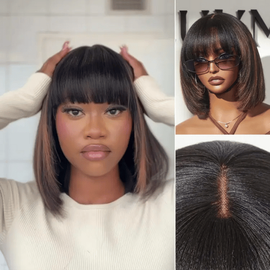 Put On and Go Reddish Purple / Ash Blonde Highlight / Brown Highlight / Natural Black Layered Cut Yaki Straight Minimalist Lace Bob Wig