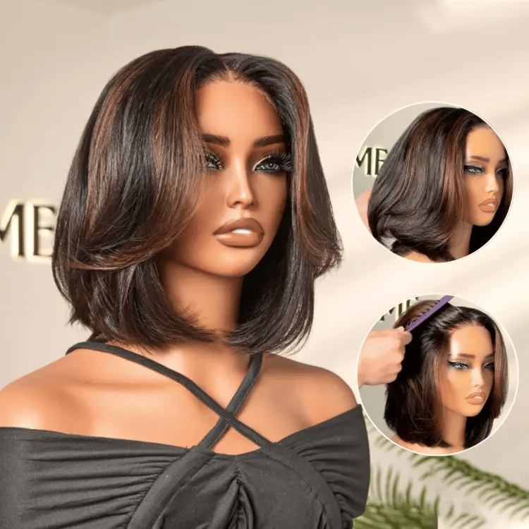 Brown Highlight Silky Short Bob Wig Layered Cut Human Hair Glueless 5x5 Closure Pre-Cut Lace Wig