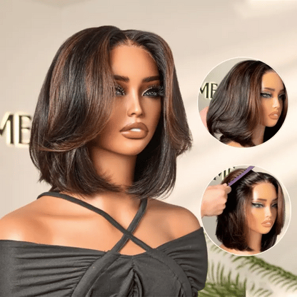 Brown Highlight Silky Short Bob Wig Layered Cut Human Hair Glueless 5x5 Closure Pre-Cut Lace Wig