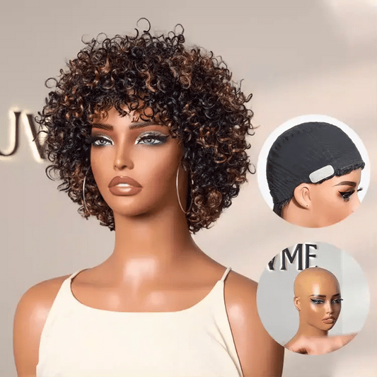 Short Curly Wig – Brown Highlights & Bangs