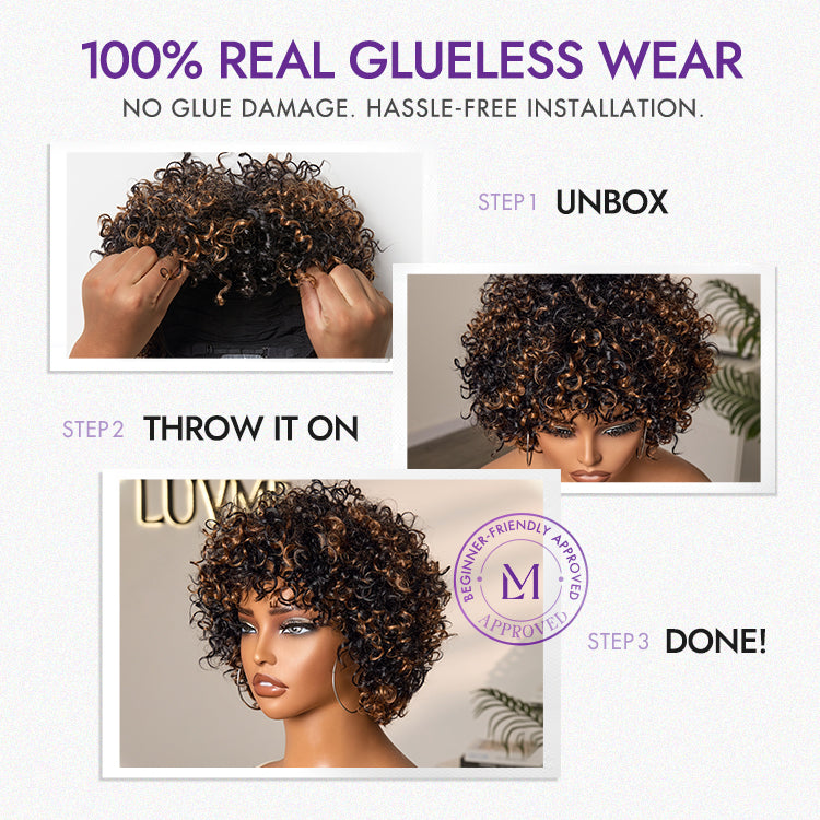 Short Curly Wig – Brown Highlights & Bangs