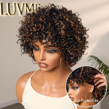 Short Curly Wig – Brown Highlights & Bangs