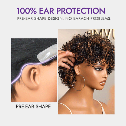 Short Curly Wig – Brown Highlights & Bangs