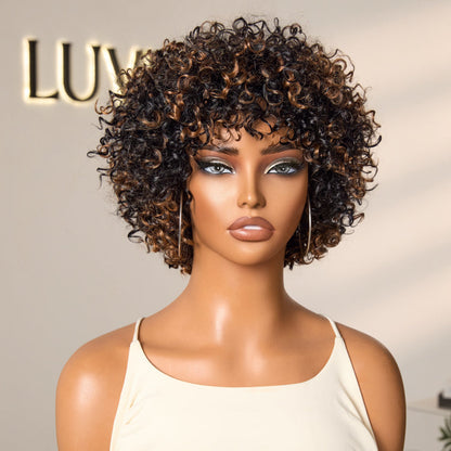 Short Curly Wig – Brown Highlights & Bangs
